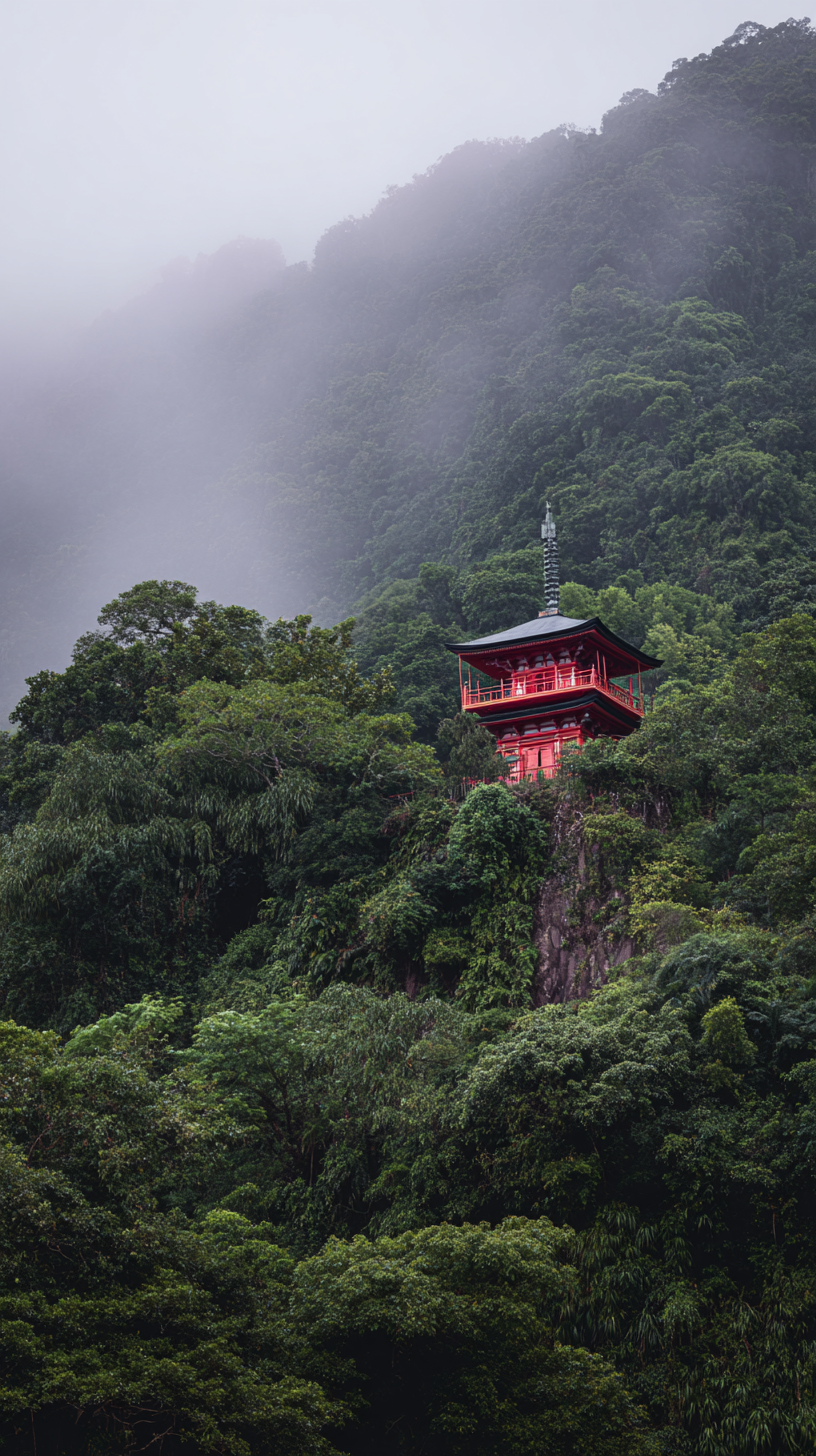 A red temple in a misty tropical rainforest